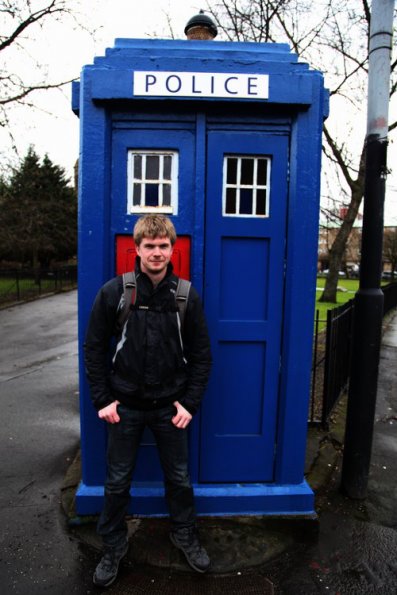 Myself in front of police box in Scotland